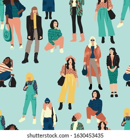 Vector seamless pattern with abstract women with different skin colors. International Womens Day. Struggle for freedom, independence, equality. Lifestyle, street fashion.
