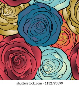 Vector seamless pattern of abstract yellow, blue and pink roses. Vintage Watercolor Roses (hand drawn).