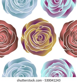 Vector seamless pattern of abstract yellow, neutral and purple roses. Vintage Watercolor Roses (hand drawn).