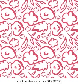 Vector seamless pattern. Abstraction. Abstract flowers and leaves. White and red background