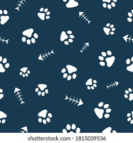 Vector, seamless pattern. Abstraction, white traces of paws of a cat, dog, fish bones on a dark blue background. For printing, packaging, social media, web.