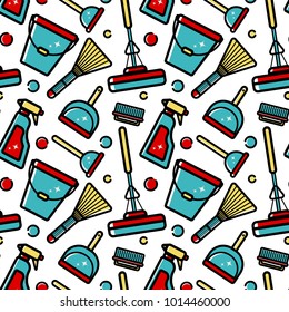 Vector seamless pattern of accessories for cleaning the house. Flat linear art on a white background. Ornament for wallpaper, websites, backgrounds, wrapping paper, corporate style.