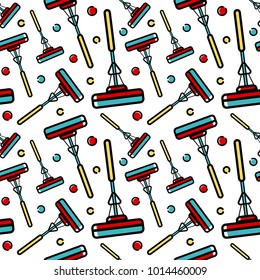 Vector seamless pattern of accessories for cleaning the house. Flat linear art on a white background. Ornament for wallpaper, websites, backgrounds, wrapping paper, corporate style.