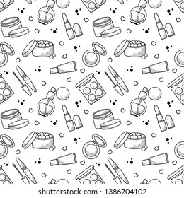 Vector seamless pattern with accessories for makeup. Blush, powder, brush, lipstick hearts and botanical elements. Monochrome background