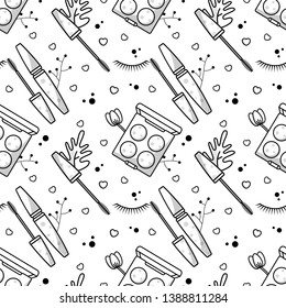 Vector seamless pattern with accessories for makeup. Mascara and eye shadow, hearts and botanical elements. Monochrome Background