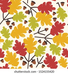 Vector seamless pattern with acorn, falling oak leaves, autumn floral elements. Bright repeated texture for fall season. Wrapping paper. Autumn background with acorns, leaves and branches