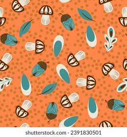 Vector seamless pattern with acorn, mushroom, leaves. Fall botanical print is perfect for seasonal decor, wrapping paper or textile