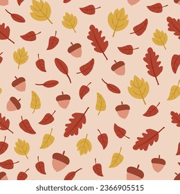 Patrón vectorial sin fisuras con bellotas, hojas de otoño sobre fondo beige. Patrón natural de otoño