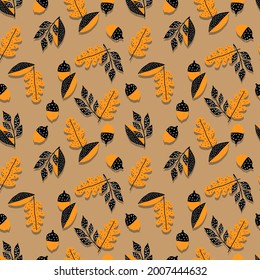 vector seamless pattern acorns, branches Oak with leaves.Botanical forest black yellow  illustration. Background, wallpaper, fabric, textile, packaging, paper