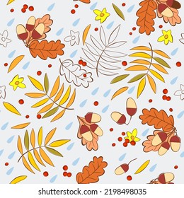 Vector seamless pattern with acorns, leaves and berries and drops. Autumn concept.