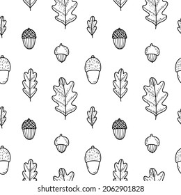 Vector seamless pattern with acorns and oak leaves. Nature background for wrapping paper, textile, decorations. Doodle autumn pattern.