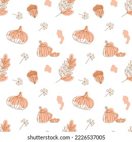 Vector seamless pattern with acorns, pumpkin, cup of tea or coffee, leaves and berries. Perfect for wallpaper, gift paper, pattern fills, web page background, autumn greeting cards.