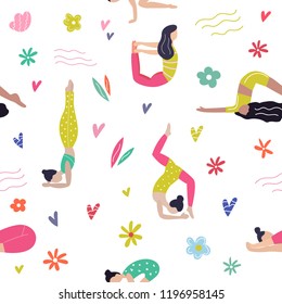 Vector seamless pattern with active young people in yoga asanas. Healthy lifestyle. Design elements