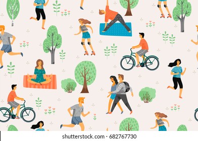 Vector seamless pattern with active young people. Healthy lifestyle. Roller skates, running, bicycle, walk, yoga. Design element in pastel colors with textures. 