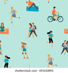 Vector seamless pattern with active young people. Healthy lifestyle. Roller skates, running, bicycle, walk, yoga. Design element in pastel colors with textures. 