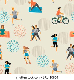 Vector seamless pattern with active young people. Healthy lifestyle. Roller skates, running, bicycle, walk, yoga. Design element in pastel colors with textures. 