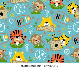 Vector of seamless pattern with adorable animals cartoon playing hide and seek. Tiger, monkey, bear and jungle elements