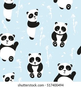 Vector seamless pattern, adorable asian panda bears