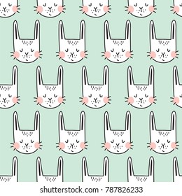 vector seamless pattern with adorable bunnies on light blue background
