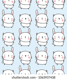 vector seamless pattern, adorable bunny and rabbit on light blue background