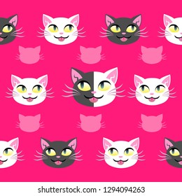 Vector seamless pattern with adorable cat faces on pink background.