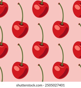Vector Seamless Pattern with Adorable Cherry on Pink Background. Cute Cherries for Valentine s Day, Love, Romance Concept