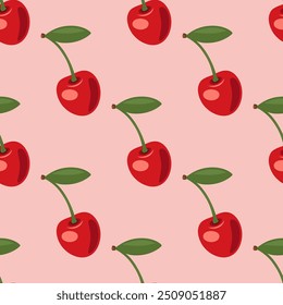 Vector Seamless Pattern with Adorable Cherry on Pink Background. Cute Cherries for Valentine s Day, Love, Romance Concept