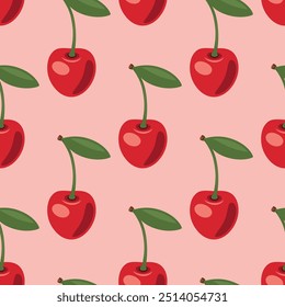 Vector Seamless Pattern with Adorable Cherry on Pink Background. Cute Cherries for Valentine s Day, Love, Romance Concept