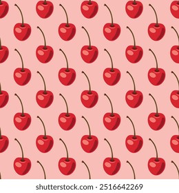 Vector Seamless Pattern with Adorable Cherry on Pink Background. Cute Cherries for Valentine s Day, Love, Romance Concept