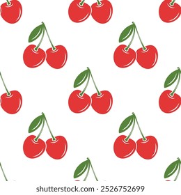 Vector Seamless Pattern with Adorable Cherry on White Background. Cute Cherries for Valentine s Day, Love, Romance Concept