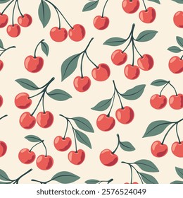 Vector Seamless Pattern with Adorable Cherry on White Background. Cute Cherries for Valentine s Day, Love, Romance Concept