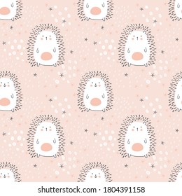 vector seamless pattern, adorable hedgehogs on a pink background