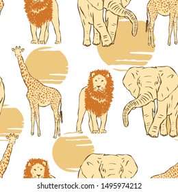 Vector seamless pattern with african animals. Hand drawn illustration with lion, giraffe, elephant. Great for textile and kids decor products.