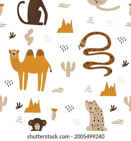 Vector seamless pattern with African animals. Trendy tropical design for textile