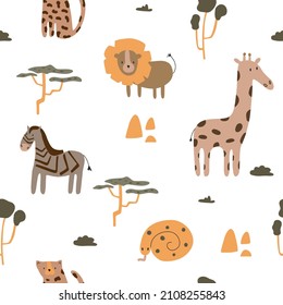 Vector seamless pattern with African animals. Trendy tropical design for textile