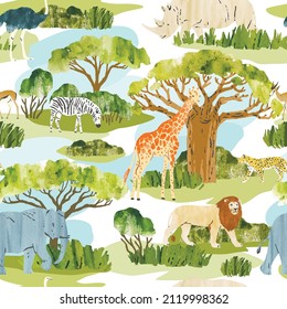 Vector seamless pattern with african animals. Wild animals and trees isolated on white background. Textile, wrapping paper, page fill, web design, wallpaper	
