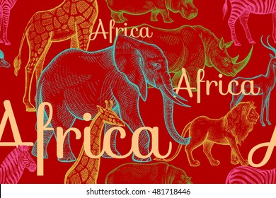 Vector seamless pattern African animals elephant, rhino, giraffe, zebra, hippo, lion, antelope, inscriptions. Hand drawing color illustration on red background. Designs for fabrics, textiles, paper.