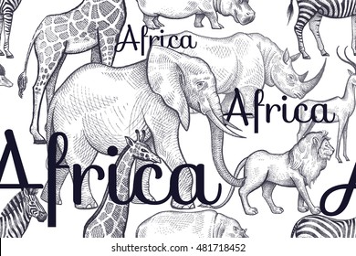 Vector seamless pattern African animals and inscriptions. Hand drawing black elephants, rhinos, giraffes, zebras, hippos, lions, antelopes on white background. Designs for fabrics, textiles, paper.