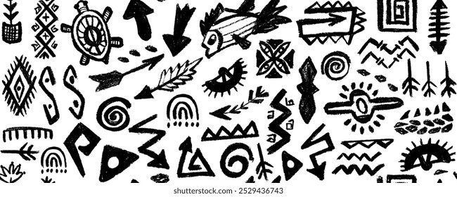 Patrón sin fisuras de Vector con Elementos africanos, aztecas, símbolos, iconos, dibujados a mano en estilo doodle. Formas geométricas tribales africanas abstractas del modelo inconsútil.