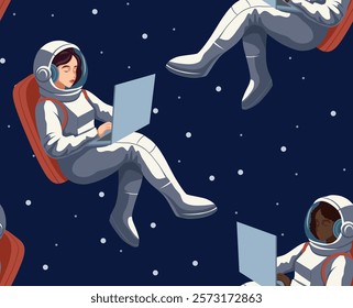 Vector seamless pattern with African and European women astronauts with laptop. Texture with spacewomen in space. Freelance work.  Travel to space