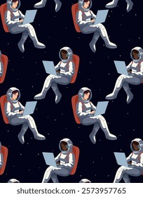 Vector seamless pattern with African and European women astronauts with laptop in weightlessness. Texture with spacewomen in cosmos. Freelance work. Study anywhere