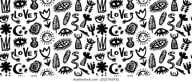 Vector seamless pattern with african, mexican, indian elements, tribal shapes and textile ornaments. Traditional ritual shapes, ethnic circles and borders. Mystic symbols , folk shapes