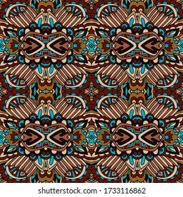 Vector seamless pattern african style art batik ikat. Ethnic brown color print vintage design.