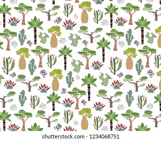 Vector seamless pattern with African tropical cacti, trees, plants  and leaves on white, endless texture - for clothes, baby textiles, prints, posters, greeting cards, etc.