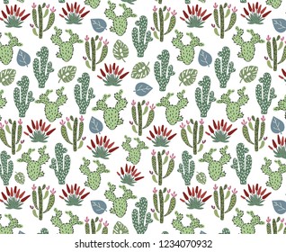 Vector seamless pattern with African tropical cacti, succulents and leaves on white, endless texture - for design of clothes, baby textiles, prints, posters, greeting cards, etc.