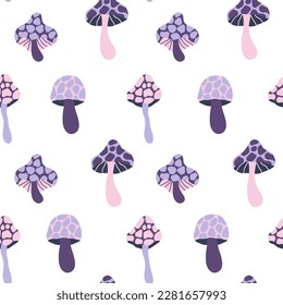 Vector seamless pattern with agaric mushroom. Hand drawn magical fungi illustration. Whimsical fantasy cartoon background. Print for fabric, wrapping, digital paper.