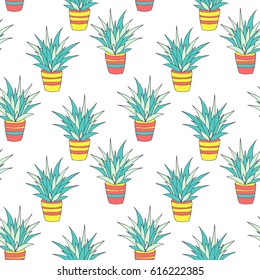 Vector seamless pattern with agave, hand drawn sketch with cactuses in flowerpots. Mexican style design with desert succulent