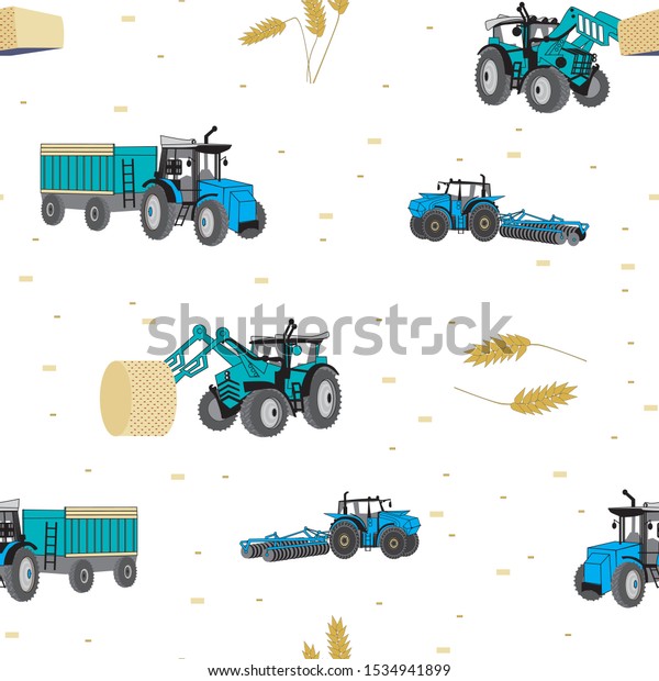 Vector seamless pattern with\
agricultural machines while harvesting rye. Illustration with\
tractors can be used for design and print for babies and\
children.