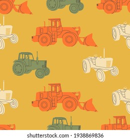 Vector seamless pattern of agricultural tractor or harvester. Simple, flat, retro style. Typical equipment for agro-industrial complexes. For agricultural business.