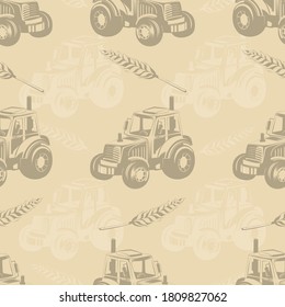 Vector seamless pattern agriculture concept. Repeating tractor and ear of wheat. For design, paper, textiles.